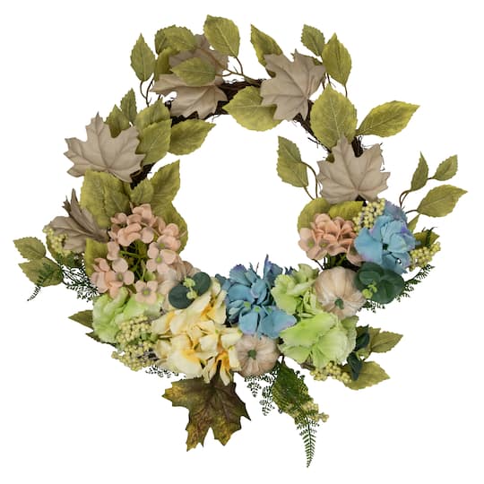 22" Green & Blue Floral & Gourds Thanksgiving Artificial Wreath